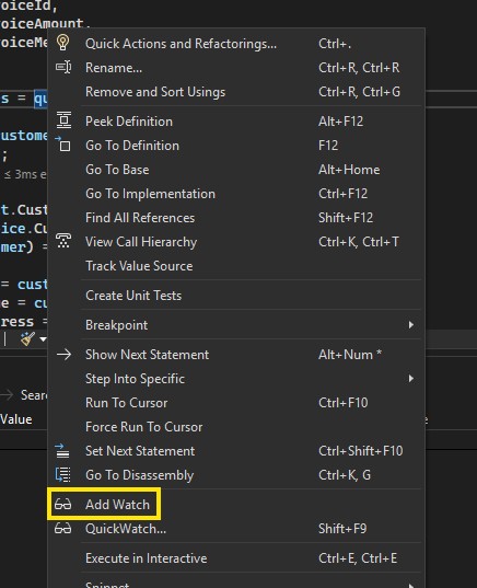 The Add Watch Item From the Context Menu
