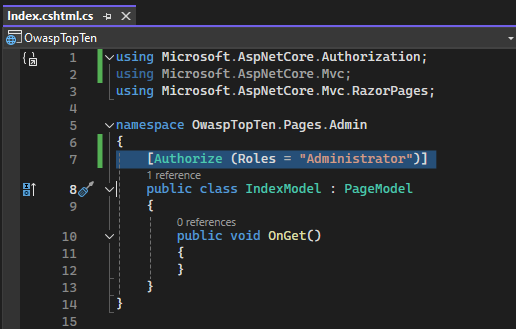 Authorize attribute added to the Admin PageModel class