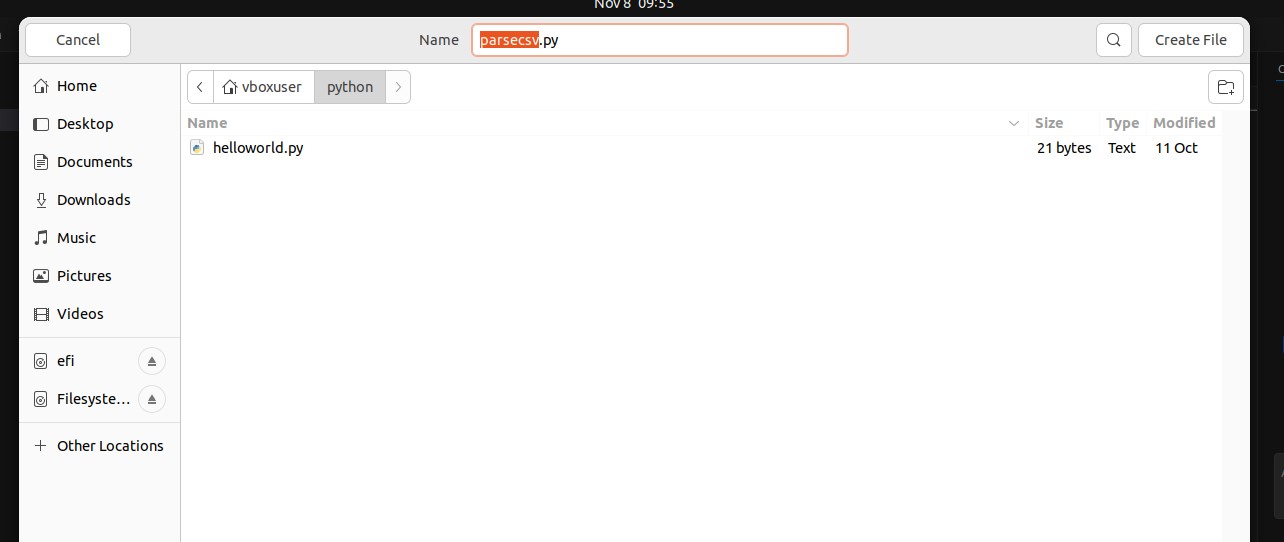 Create File Dialog With parsecsv.py As The File name