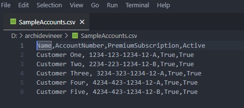 CSV file opened in Visual Studio Code showing account data